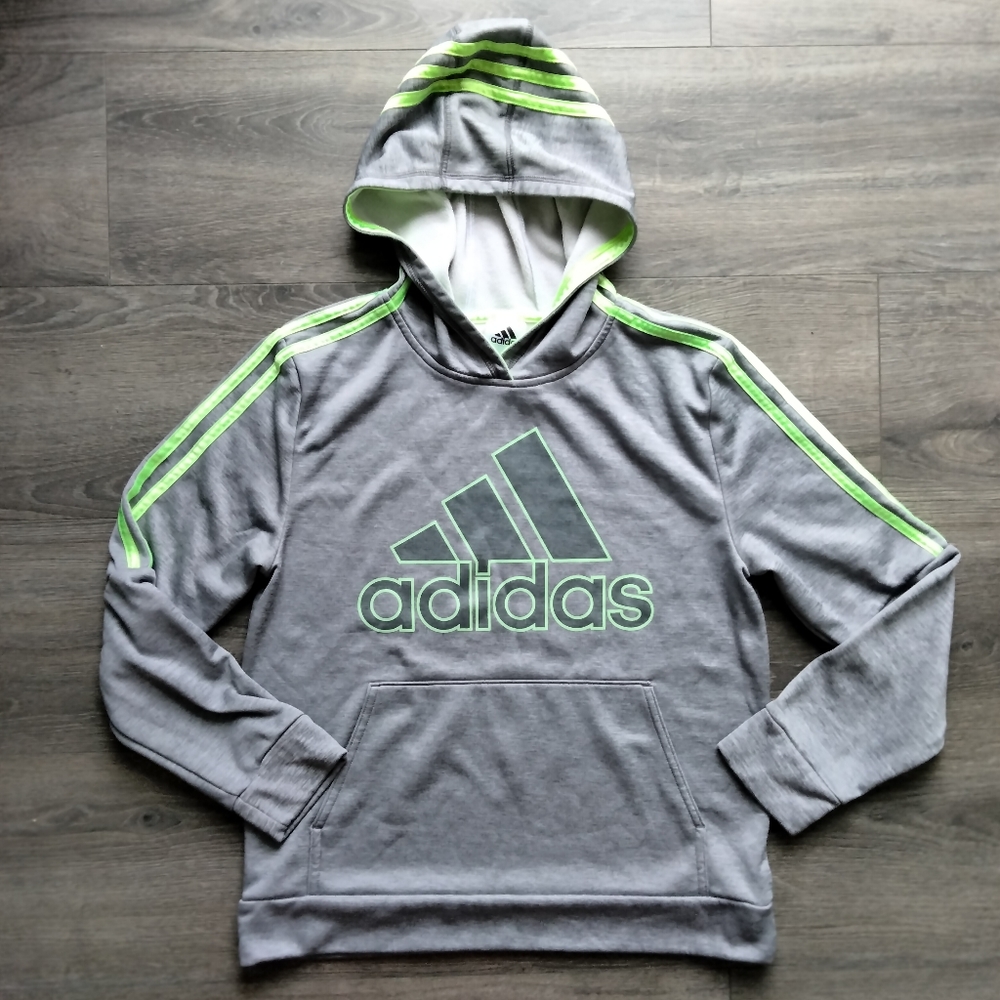 Adidas Boys Active Sport Athletic Pullover Hooded Sweatshirt Grey/Lime L (14/16)